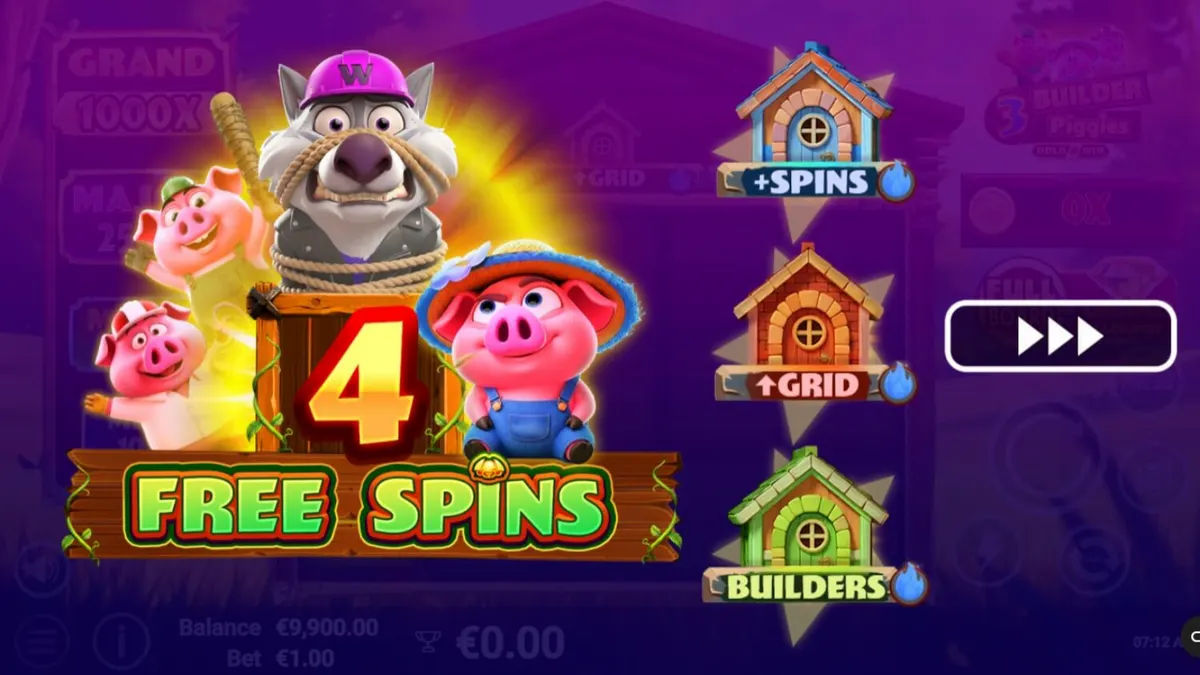 Tampilan visual slot 3 Builder Piggies dengan karakter babi dan serigala